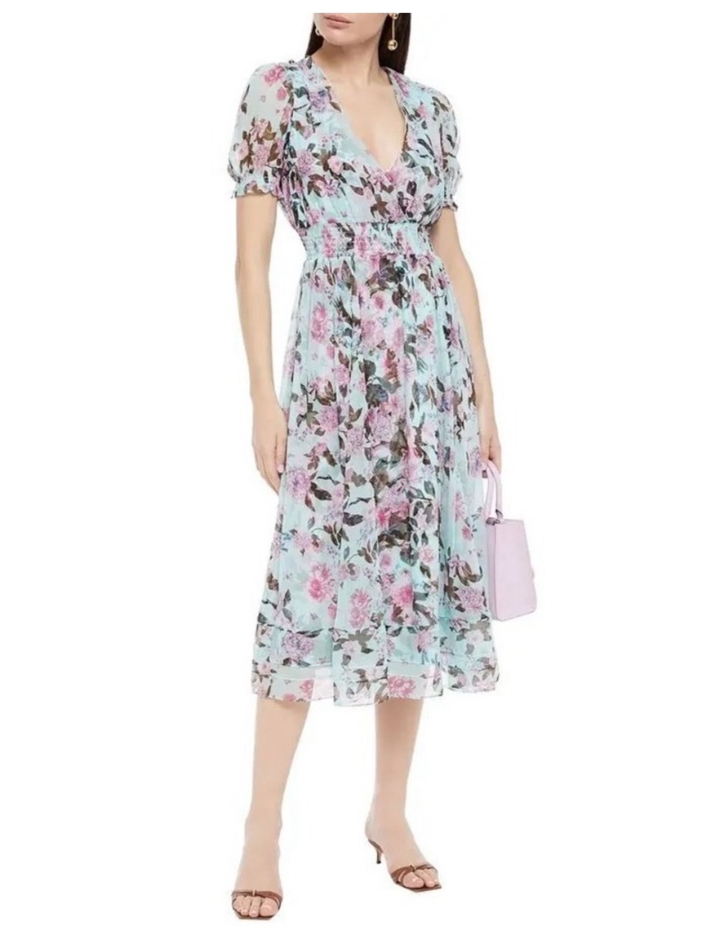 Diane Von Furstenberg Silk Mint Green Floral V-Neck Midi Dress